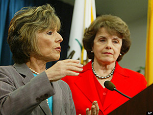 Sen. Barbara Boxer speaks, with Sen. Diane Feinstein by her side